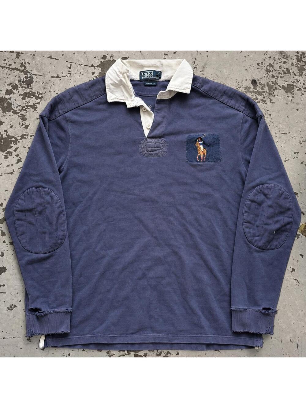 Mens Vintage Faded and Distressed Polo Ralph Lauren rugby longsleeve Size XL